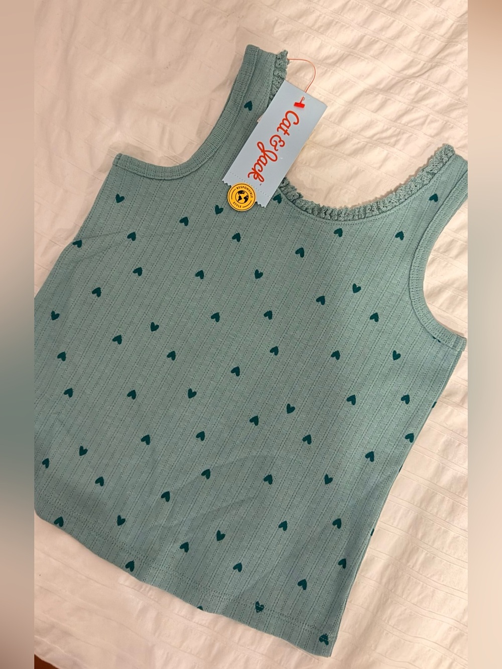 Cat & Jack Girls Ribbed Tank Top Sage Green Heart Print Cute Summer XS NWT - Picture 3 of 4